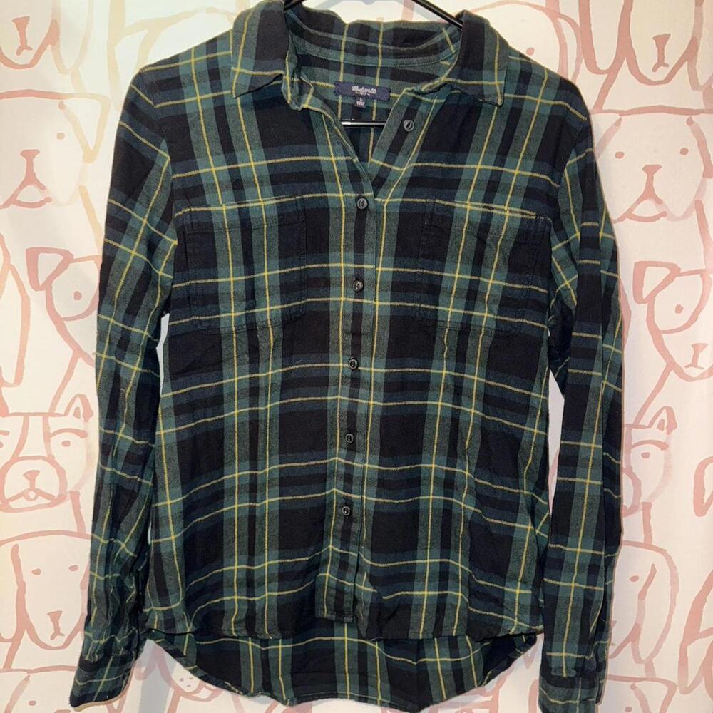Madewell Black Plaid Button-Down Shirt with Green and Yellow Stripes